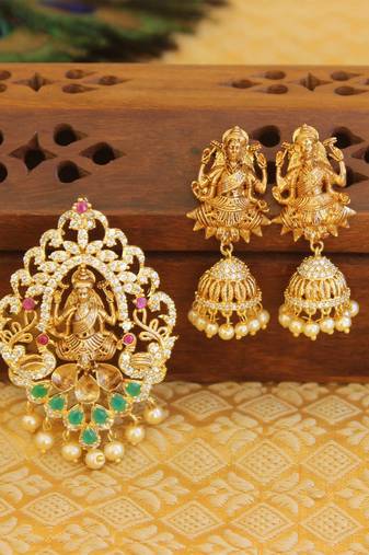 Designer gold plated cz temple pendant set