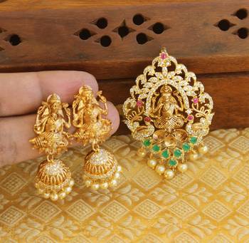 Designer gold plated cz temple pendant set 2