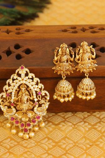 Designer gold plated cz temple pendant set