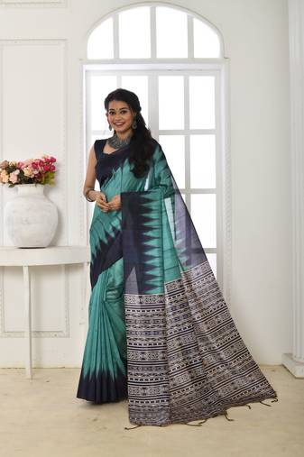 Sky Blue Tussar Silk Printed Designer Border & Rich Pallu With Tussar Silk Blouse And Saree For Women 
