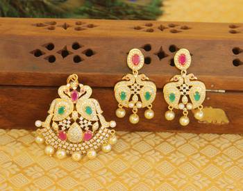 Designer gold plated cz peacock pendants set 1