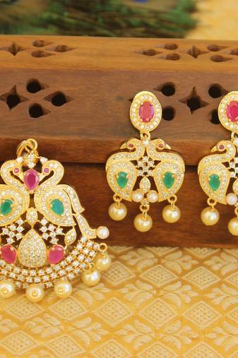 Designer gold plated cz peacock pendants set