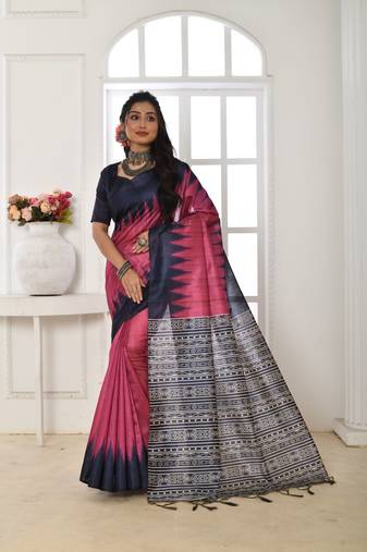 Pink Tussar Silk Printed Designer Border & Rich Pallu With Tussar Silk Blouse And Saree For Women 
