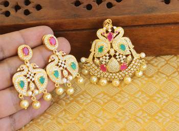 Designer gold plated cz peacock pendants set 2