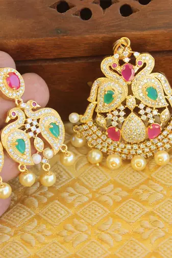 Designer gold plated cz peacock pendants set