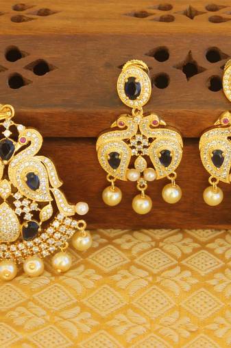 Designer gold plated cz peacock pendants set