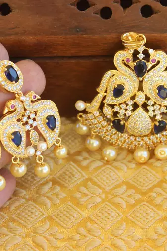 Designer gold plated cz peacock pendants set