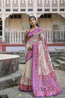 Wine Tussar Silk Floral Printed Pallu And Border Saree With Blouse For Women 1