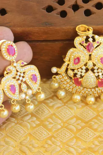 Designer gold plated cz peacock pendants set