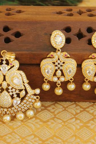 Designer gold plated cz peacock pendants set