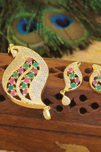 Designer gold plated cz peacock pendants set