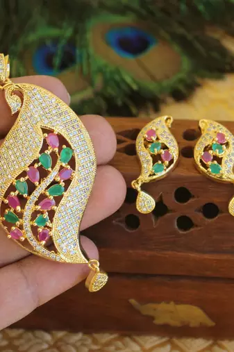 Designer gold plated cz peacock pendants set