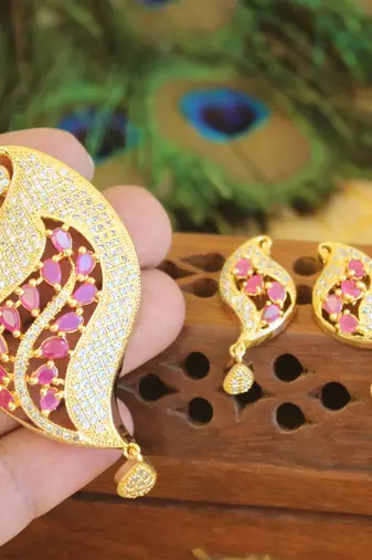 Designer gold plated cz peacock pendants set