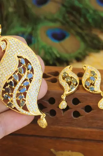 Designer gold plated cz peacock pendants set