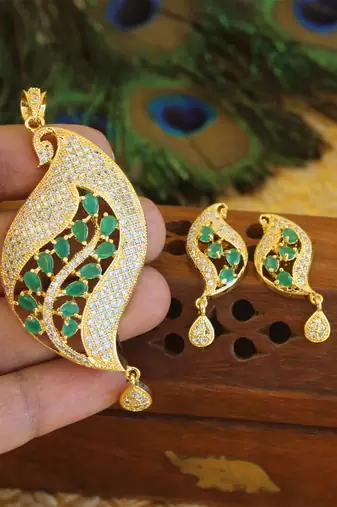 Designer gold plated cz peacock pendants set