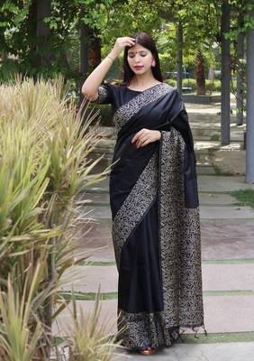 Black Raw Silk Designer Border & Rich Pallu With Raw Silk Blouse And Saree For Women  1