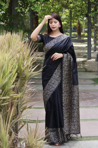 Black Raw Silk Designer Border & Rich Pallu With Raw Silk Blouse And Saree For Women 