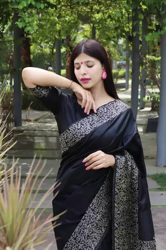 Black Raw Silk Designer Border & Rich Pallu With Raw Silk Blouse And Saree For Women 
