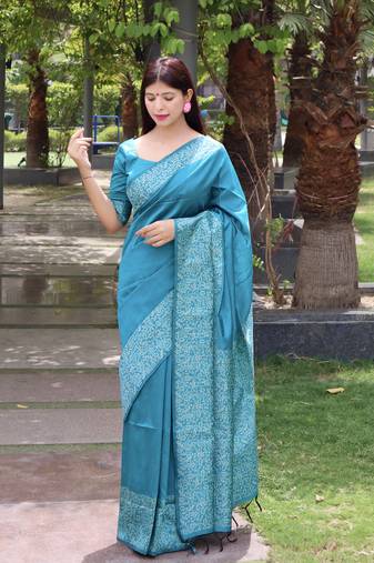 Sky Blue Raw Silk Designer Border & Rich Pallu With Raw Silk Blouse And Saree For Women 