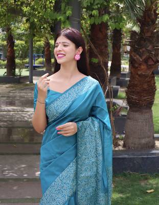 Sky Blue Raw Silk Designer Border & Rich Pallu With Raw Silk Blouse And Saree For Women  2
