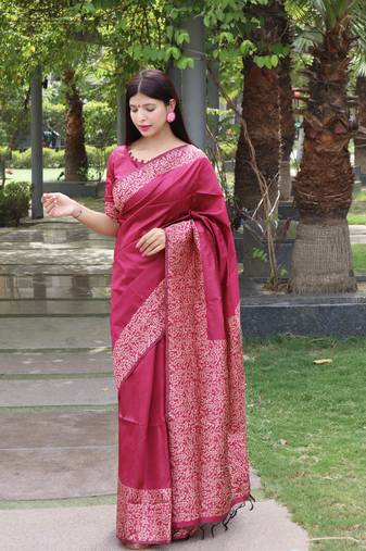 Pink Raw Silk Designer Border & Rich Pallu With Raw Silk Blouse And Saree For Women 