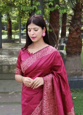 Pink Raw Silk Designer Border & Rich Pallu With Raw Silk Blouse And Saree For Women  3