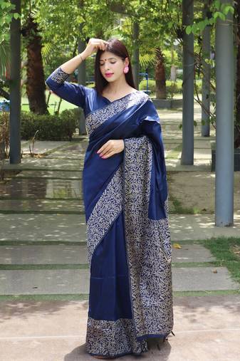 Navy Blue Raw Silk Designer Border & Rich Pallu With Raw Silk Blouse And Saree For Women 