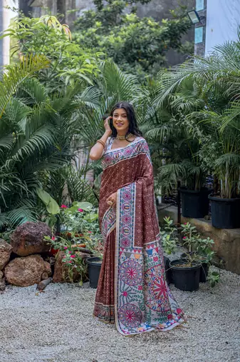 Coffee Tussar Silk Floral Printed Pallu And Border Saree With Blouse For Women