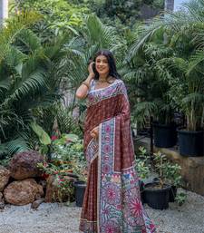 Coffee Tussar Silk Floral Printed Pallu And Border Saree With Blouse For Women