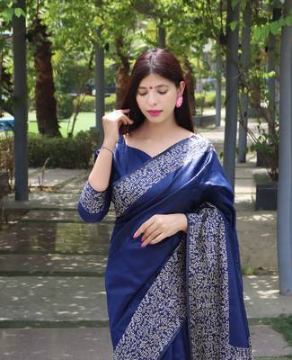 Navy Blue Raw Silk Designer Border & Rich Pallu With Raw Silk Blouse And Saree For Women  3