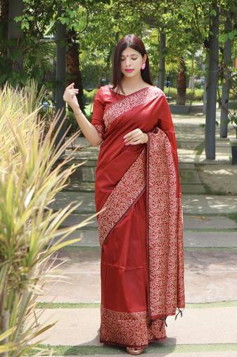 Red Raw Silk Designer Border & Rich Pallu With Raw Silk Blouse And Saree For Women 