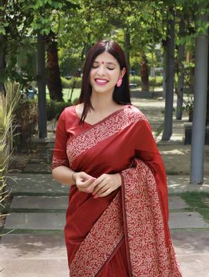 Red Raw Silk Designer Border & Rich Pallu With Raw Silk Blouse And Saree For Women  3