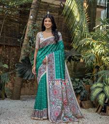 Rama Tussar Silk Floral Printed Pallu And Border Saree With Blouse For Women