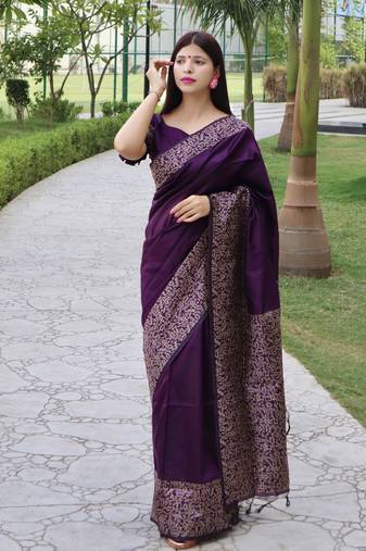 Purple Raw Silk Designer Border & Rich Pallu With Raw Silk Blouse And Saree For Women 