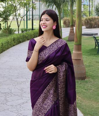 Purple Raw Silk Designer Border & Rich Pallu With Raw Silk Blouse And Saree For Women  2