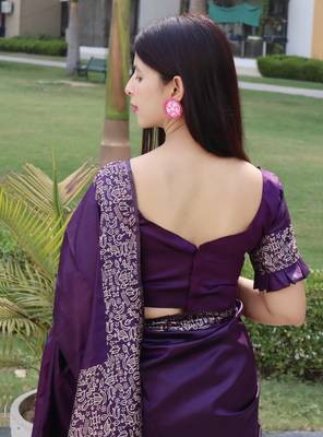 Purple Raw Silk Designer Border & Rich Pallu With Raw Silk Blouse And Saree For Women  4