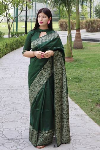 Green Raw Silk Designer Border & Rich Pallu With Raw Silk Blouse And Saree For Women 