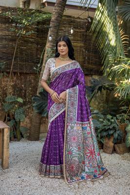 Wine Tussar Silk Floral Printed Pallu And Border Saree With Blouse For Women 1