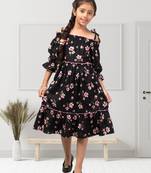 Girls Floral Print Puff Sleeves Crepe Fit & Flare Midi Dress