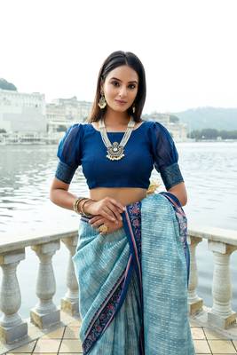 Firozi Silk Floral Printed  Designer Border & Fancy Rich Pallu With Silk Blouse And Saree For Women  3