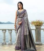 Grey Silk Floral Printed  Designer Border & Fancy Rich Pallu With Silk Blouse And Saree For Women 