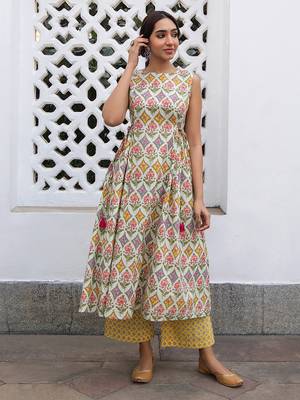 Janasya women's multicolor pure cotton ethnic motifs a-line kurta set 3