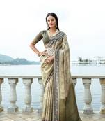 Mehandi Silk Floral Printed  Designer Border & Fancy Rich Pallu With Silk Blouse And Saree For Women 