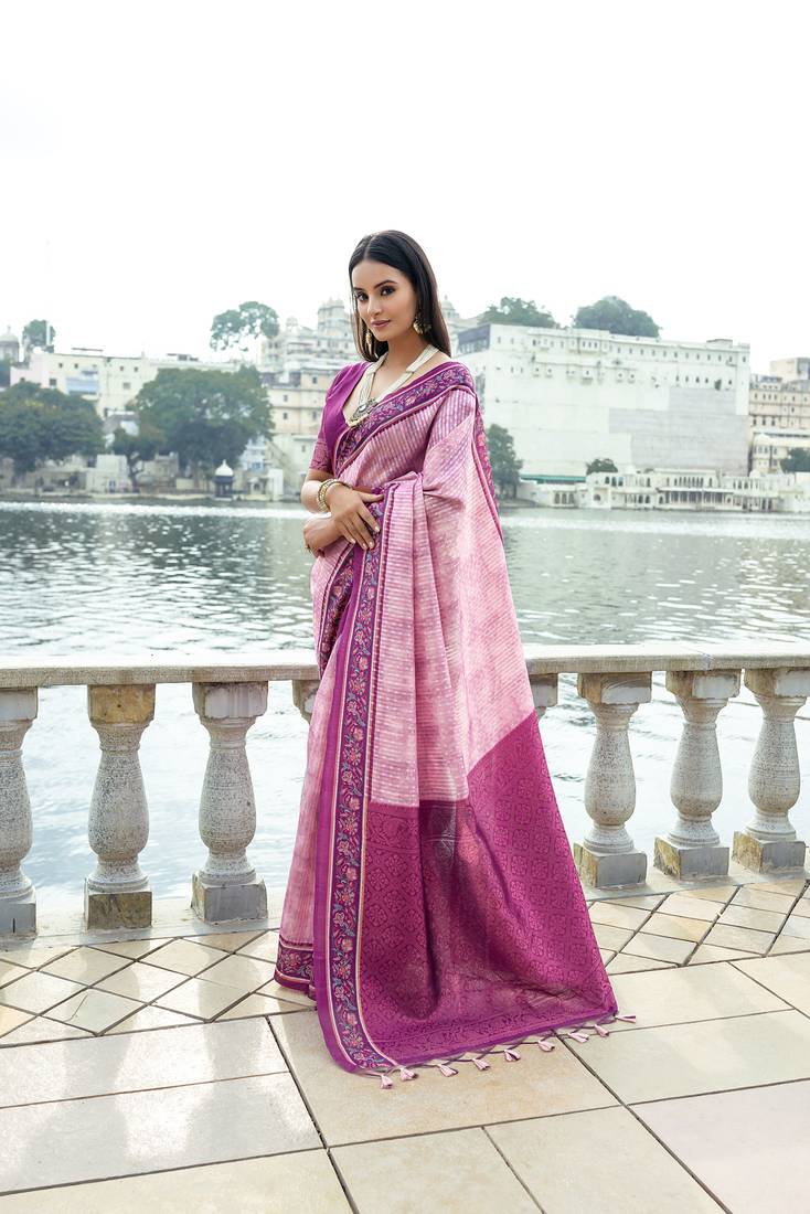 Pink Silk Floral Printed  Designer Border & Fancy Rich Pallu With Silk Blouse And Saree For Women 