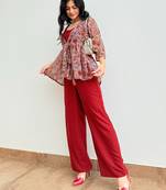 Janasya women's wine crepe solid crop top with pant and jacket