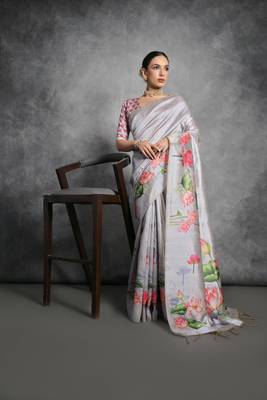 Grey Tussar Silk Lotus Printed Pallu & Designer  Border Saree With Blouse For Women 1