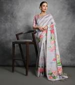 Grey Tussar Silk Lotus Printed Pallu & Designer  Border Saree With Blouse For Women
