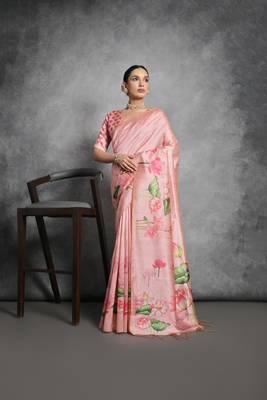 Peach Tussar Silk Lotus Printed Pallu & Designer  Border Saree With Blouse For Women 1