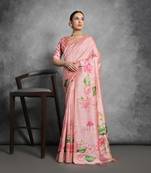Peach Tussar Silk Lotus Printed Pallu & Designer  Border Saree With Blouse For Women