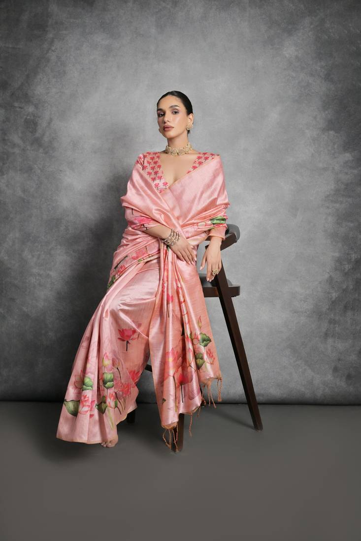 Peach Tussar Silk Lotus Printed Pallu & Designer  Border Saree With Blouse For Women